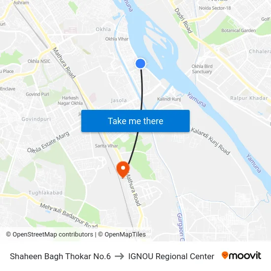 Shaheen Bagh Thokar No.6 to IGNOU Regional Center map