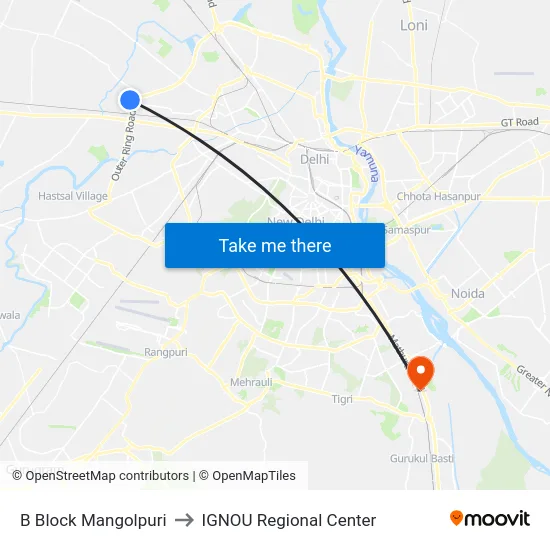 B Block Mangolpuri to IGNOU Regional Center map
