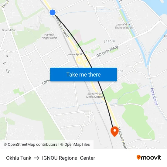 Okhla Tank to IGNOU Regional Center map