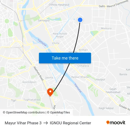 Mayur Vihar Phase 3 to IGNOU Regional Center map