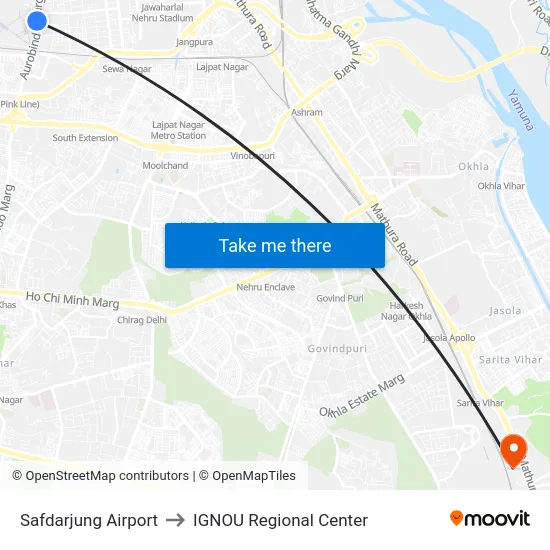 Safdarjung Airport to IGNOU Regional Center map