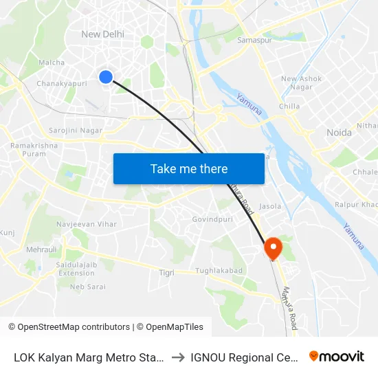 LOK Kalyan Marg Metro Station to IGNOU Regional Center map