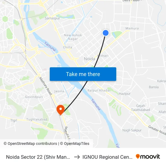 Noida Sector 22 (Shiv Mandir) to IGNOU Regional Center map