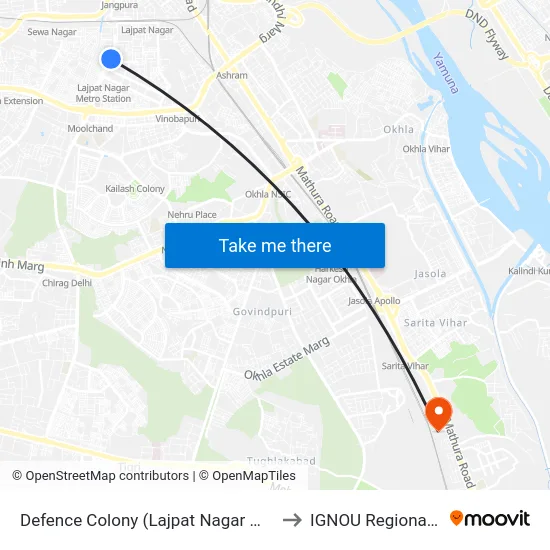 Defence Colony (Lajpat Nagar Metro Station) to IGNOU Regional Center map