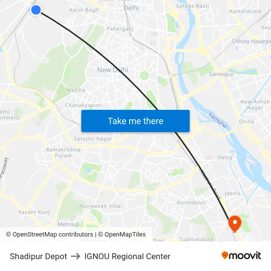 Shadipur Depot to IGNOU Regional Center map