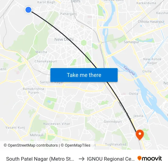 South Patel Nagar (Metro Station) to IGNOU Regional Center map