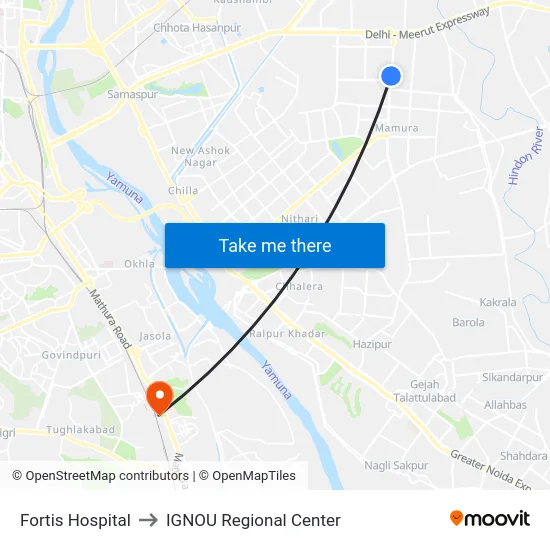 Fortis Hospital to IGNOU Regional Center map