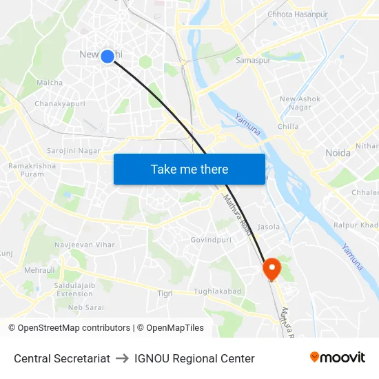 Central Secretariat to IGNOU Regional Center map