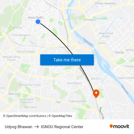 Udyog Bhawan to IGNOU Regional Center map