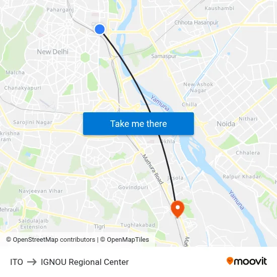 ITO to IGNOU Regional Center map