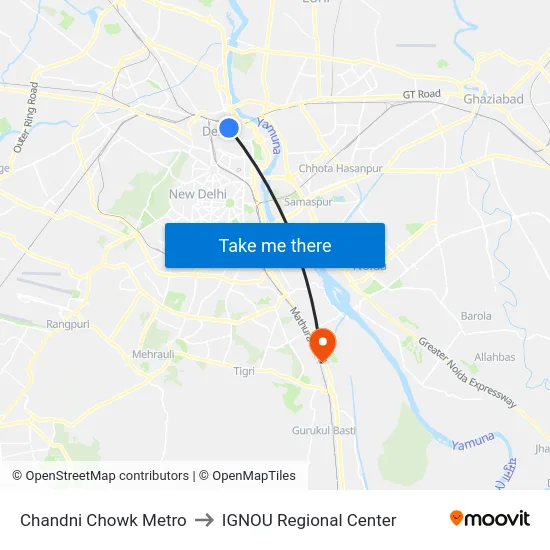 Chandni Chowk Metro to IGNOU Regional Center map