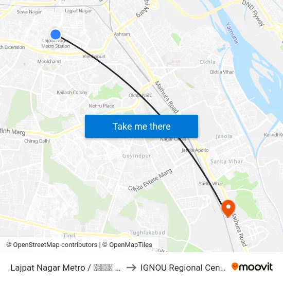 Lajpat Nagar Metro / लाजपत नगर to IGNOU Regional Center map
