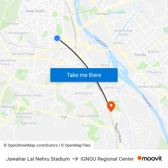 Jawahar Lal Nehru Stadium to IGNOU Regional Center map