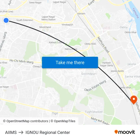 AIIMS to IGNOU Regional Center map