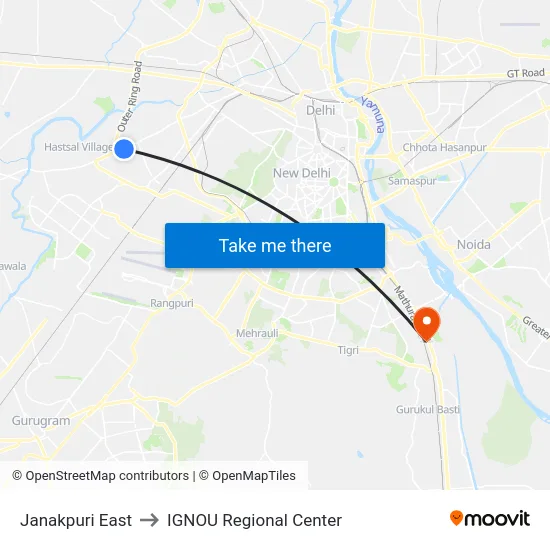 Janakpuri East to IGNOU Regional Center map
