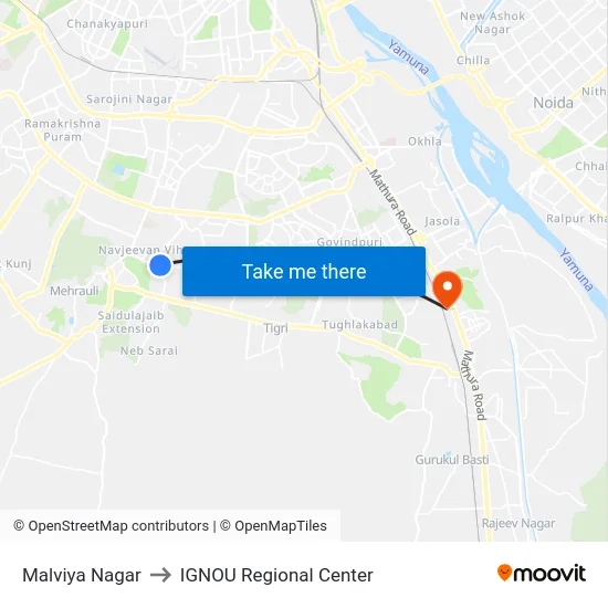 Malviya Nagar to IGNOU Regional Center map