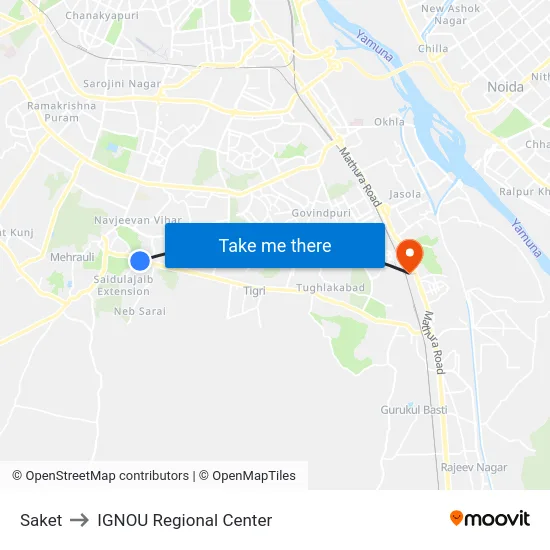 Saket to IGNOU Regional Center map