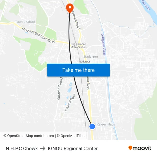 N.H.P.C Chowk to IGNOU Regional Center map