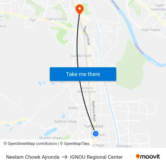 Neelam Chowk Ajronda to IGNOU Regional Center map