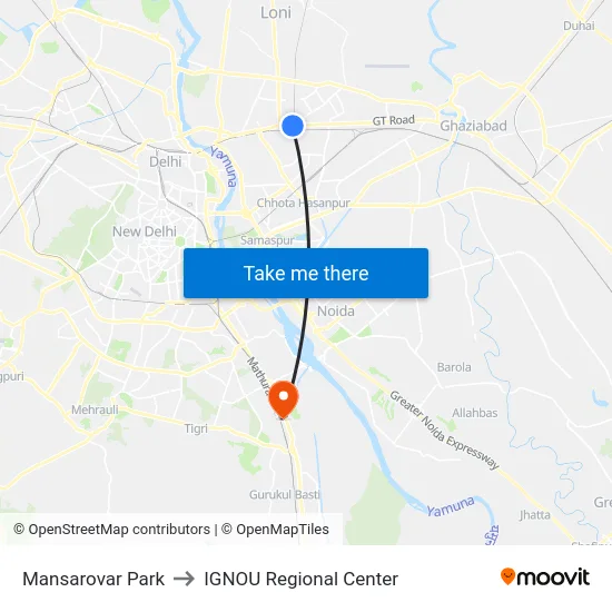 Mansarovar Park to IGNOU Regional Center map