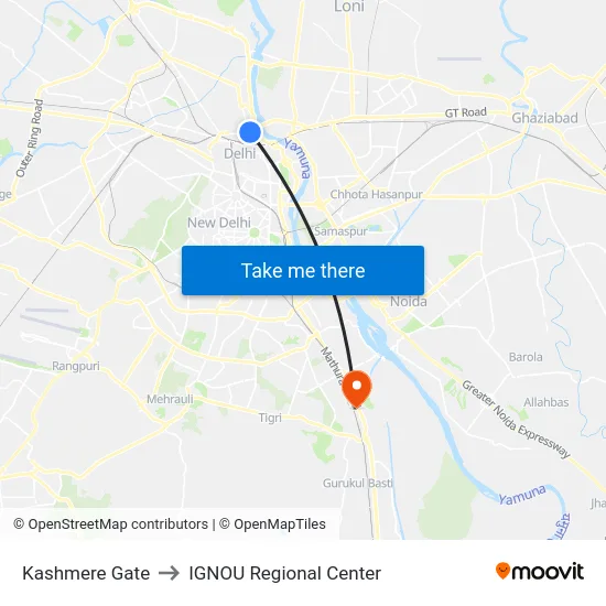Kashmere Gate to IGNOU Regional Center map