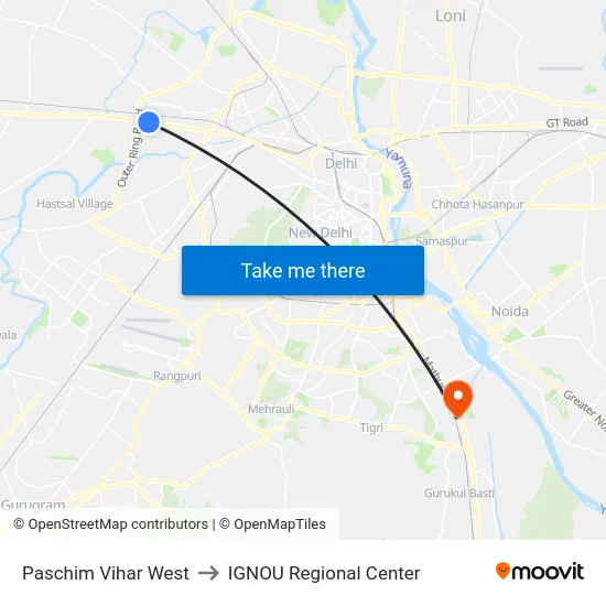 Paschim Vihar West to IGNOU Regional Center map