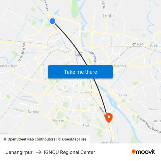 Jahangirpuri to IGNOU Regional Center map