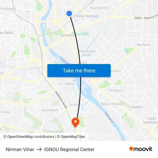 Nirman Vihar to IGNOU Regional Center map