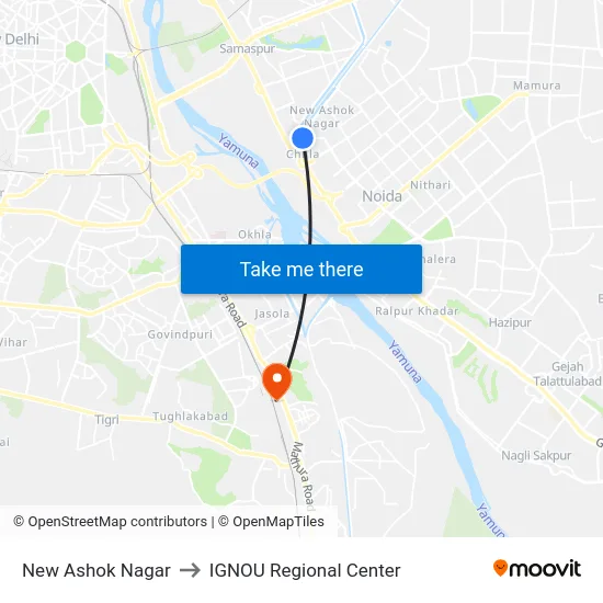New Ashok Nagar to IGNOU Regional Center map