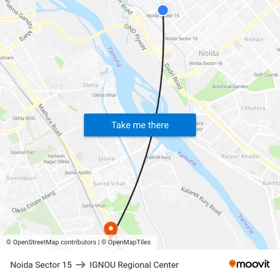 Noida Sector 15 to IGNOU Regional Center map