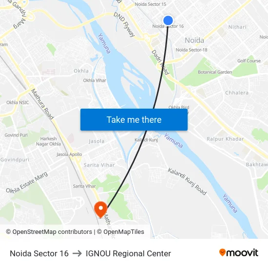 Noida Sector 16 to IGNOU Regional Center map
