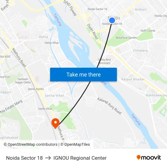 Noida Sector 18 to IGNOU Regional Center map