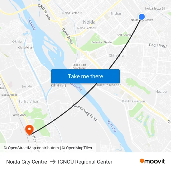 Noida City Centre to IGNOU Regional Center map