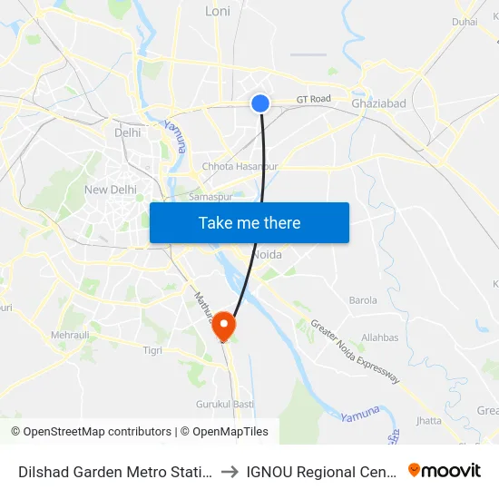 Dilshad Garden Metro Station to IGNOU Regional Center map