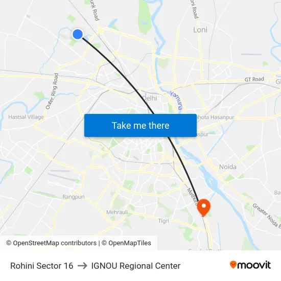 Rohini Sector 16 to IGNOU Regional Center map