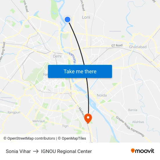 Sonia Vihar to IGNOU Regional Center map