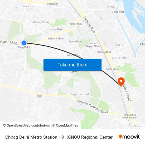 Chirag Delhi Metro Station to IGNOU Regional Center map