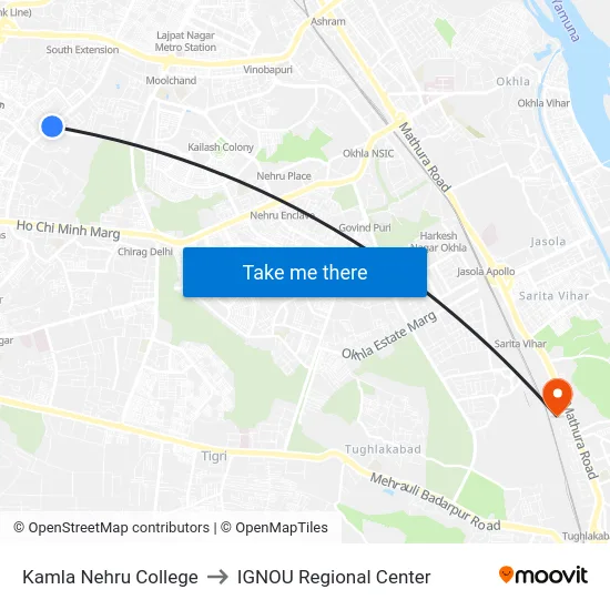 Kamla Nehru College to IGNOU Regional Center map