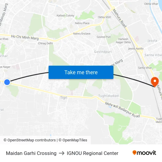 Maidan Garhi Crossing to IGNOU Regional Center map