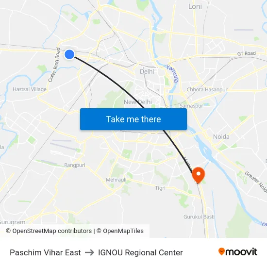Paschim Vihar East to IGNOU Regional Center map