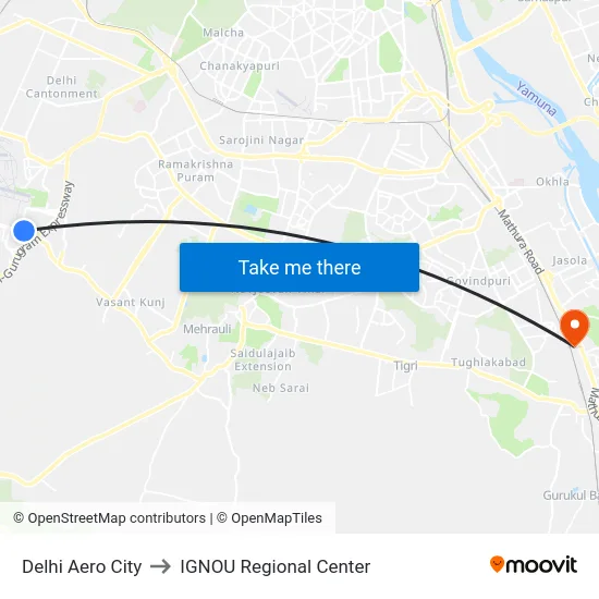 Delhi Aero City to IGNOU Regional Center map