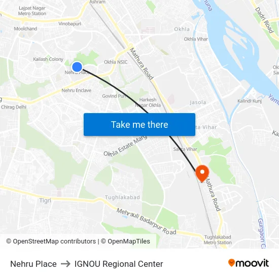 Nehru Place to IGNOU Regional Center map