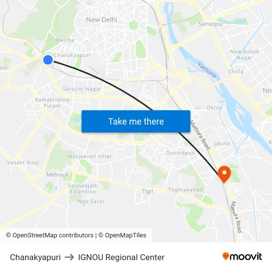 Chanakyapuri to IGNOU Regional Center map