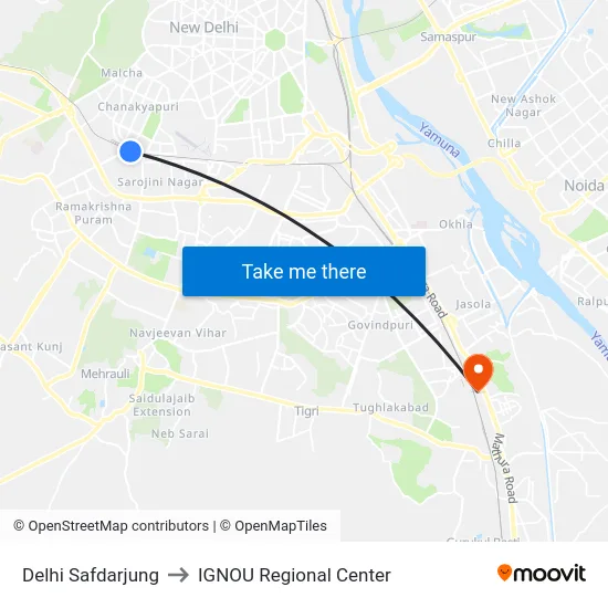 Delhi Safdarjung to IGNOU Regional Center map