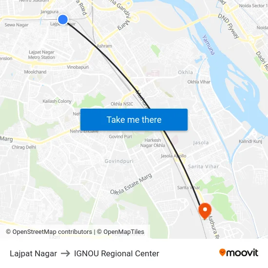 Lajpat Nagar to IGNOU Regional Center map
