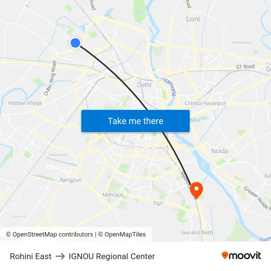 Rohini East to IGNOU Regional Center map