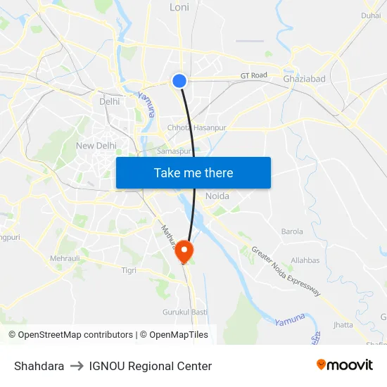 Shahdara to IGNOU Regional Center map
