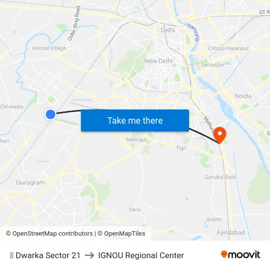 ✈ Dwarka Sector 21 to IGNOU Regional Center map