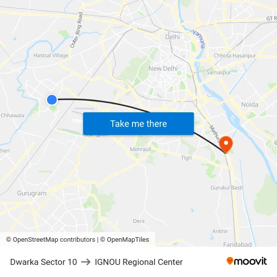 Dwarka Sector 10 to IGNOU Regional Center map