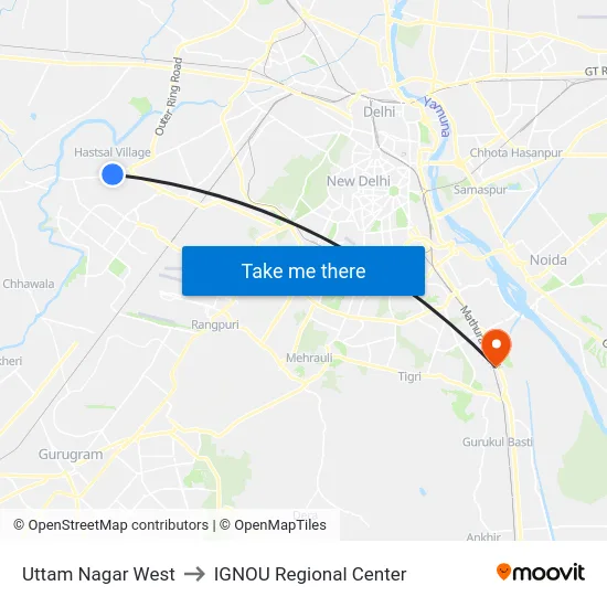 Uttam Nagar West to IGNOU Regional Center map
